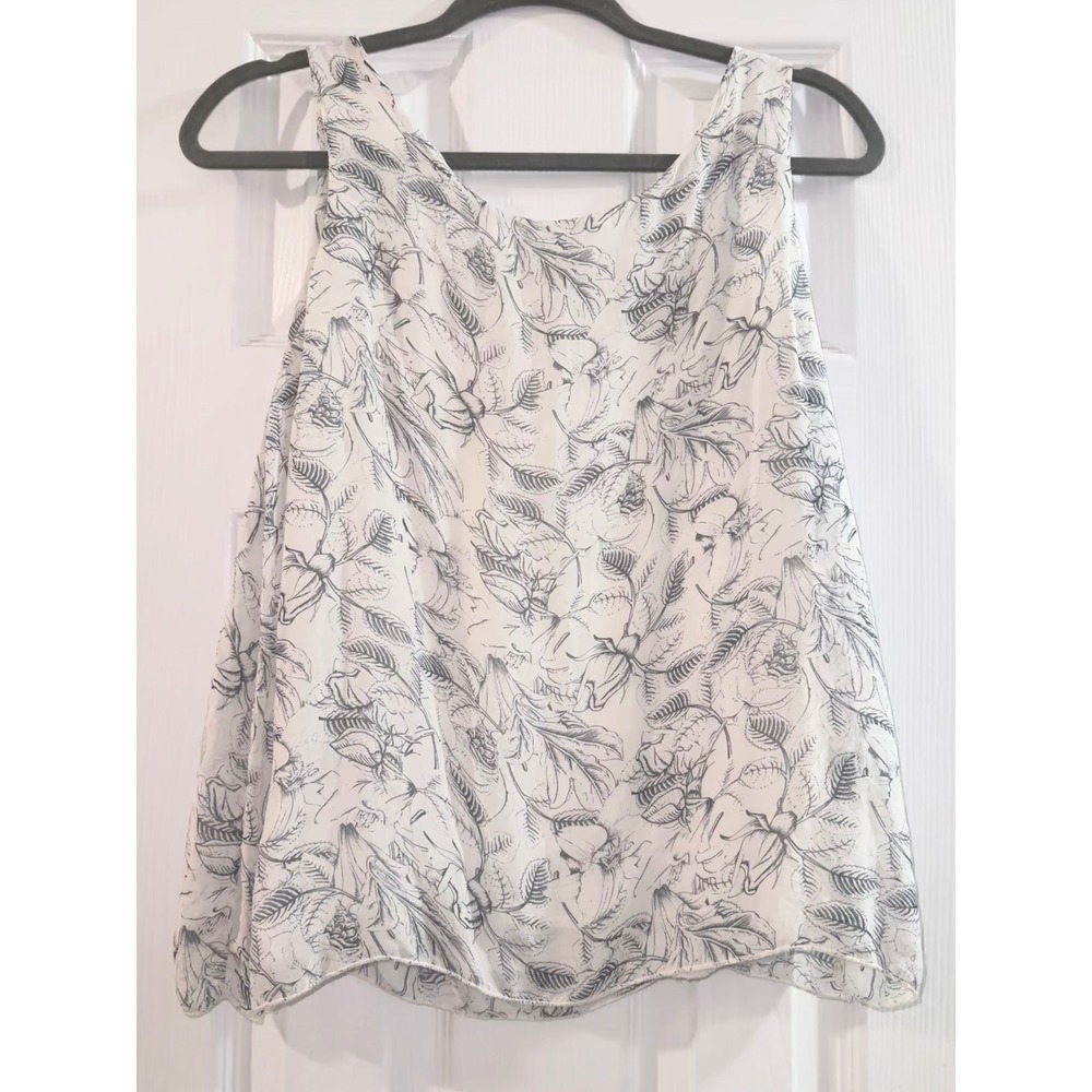 Giusy Made in Italy Silk Floral Tank Top White Navy Blue Sleeveless Blouse Small - Picture 2 of 6